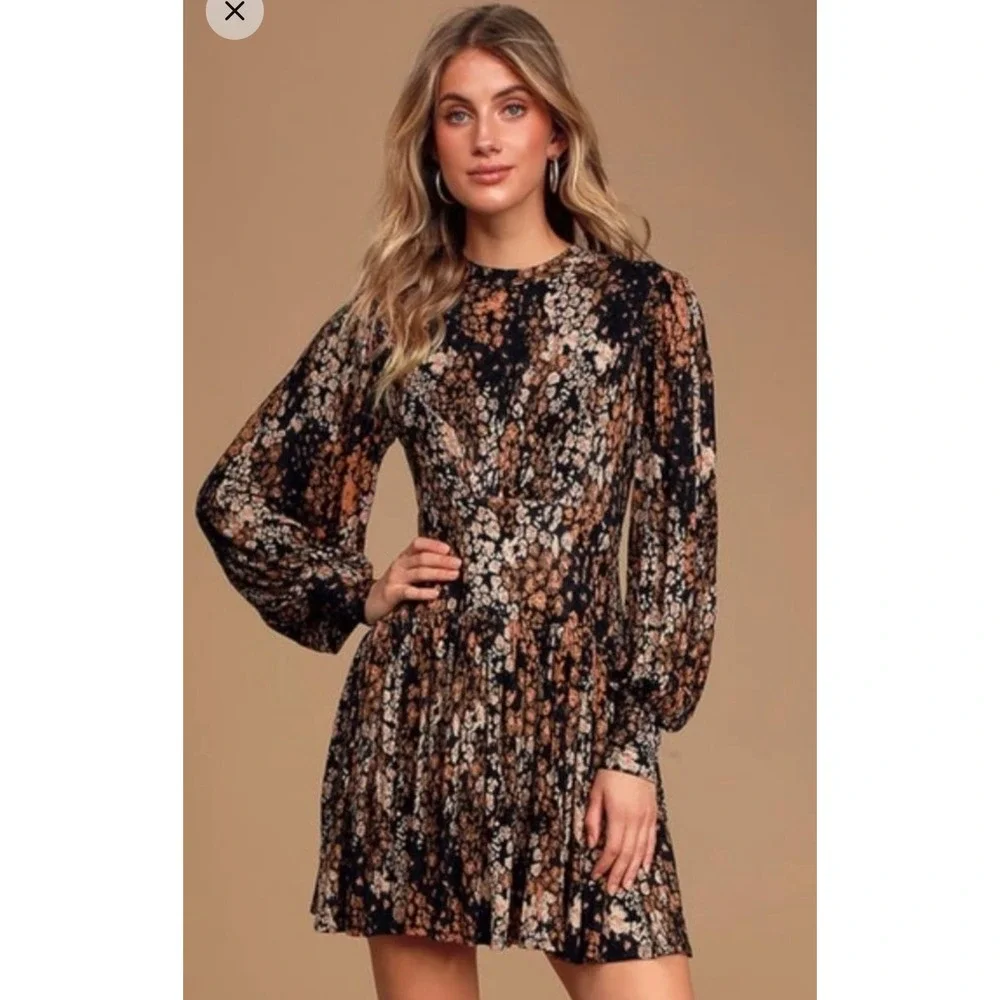 Free People Heartbeats Floral Mini Dress Long Balloon Sleeve Black Dark Academia